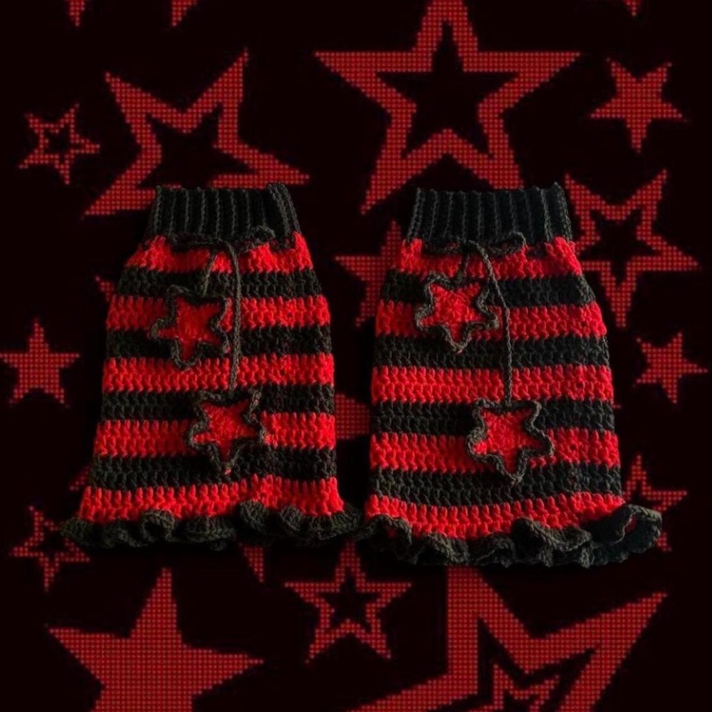 crochet black and red striped star leg warmers